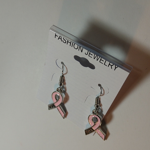 🆕Silver Light Pink Hope Ribbon Enamel Earrings Fish Hook Dangling 1 1/2" - Picture 6 of 7